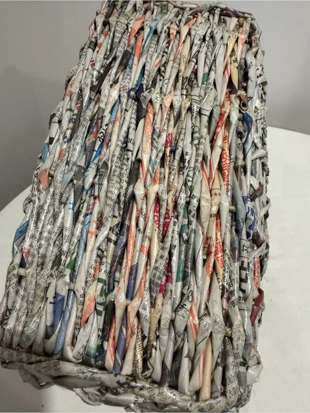 Hand Crafted Multi-Color Woven Newspaper Basket with Gray Tones